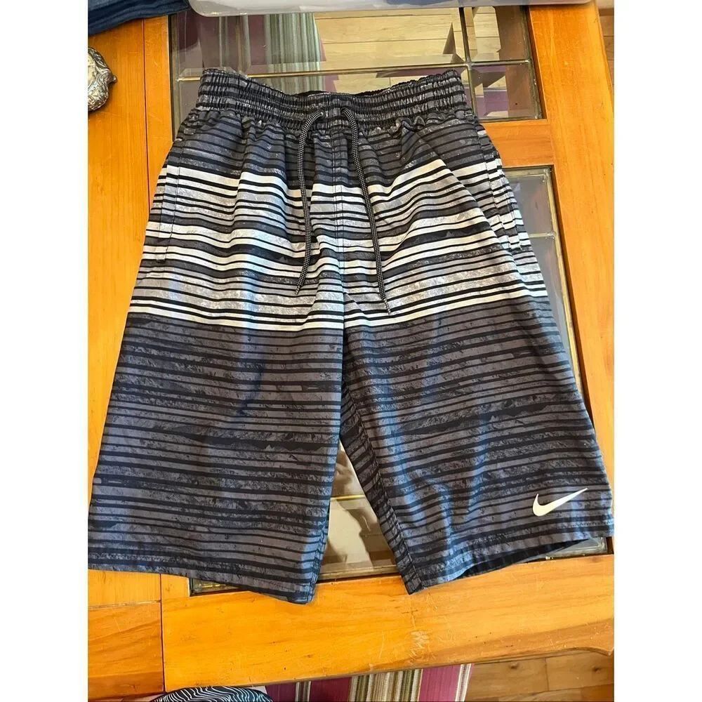Nike Kids Drawstring Oxidized Striped Breaker Volley Swimtrunks Black Gray Small